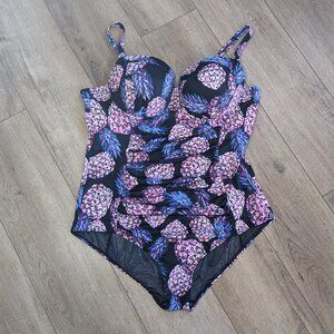 Torrid Pineapple Push-Up Demi Slim Fix Swimsuit Black Purple One Piece size 3